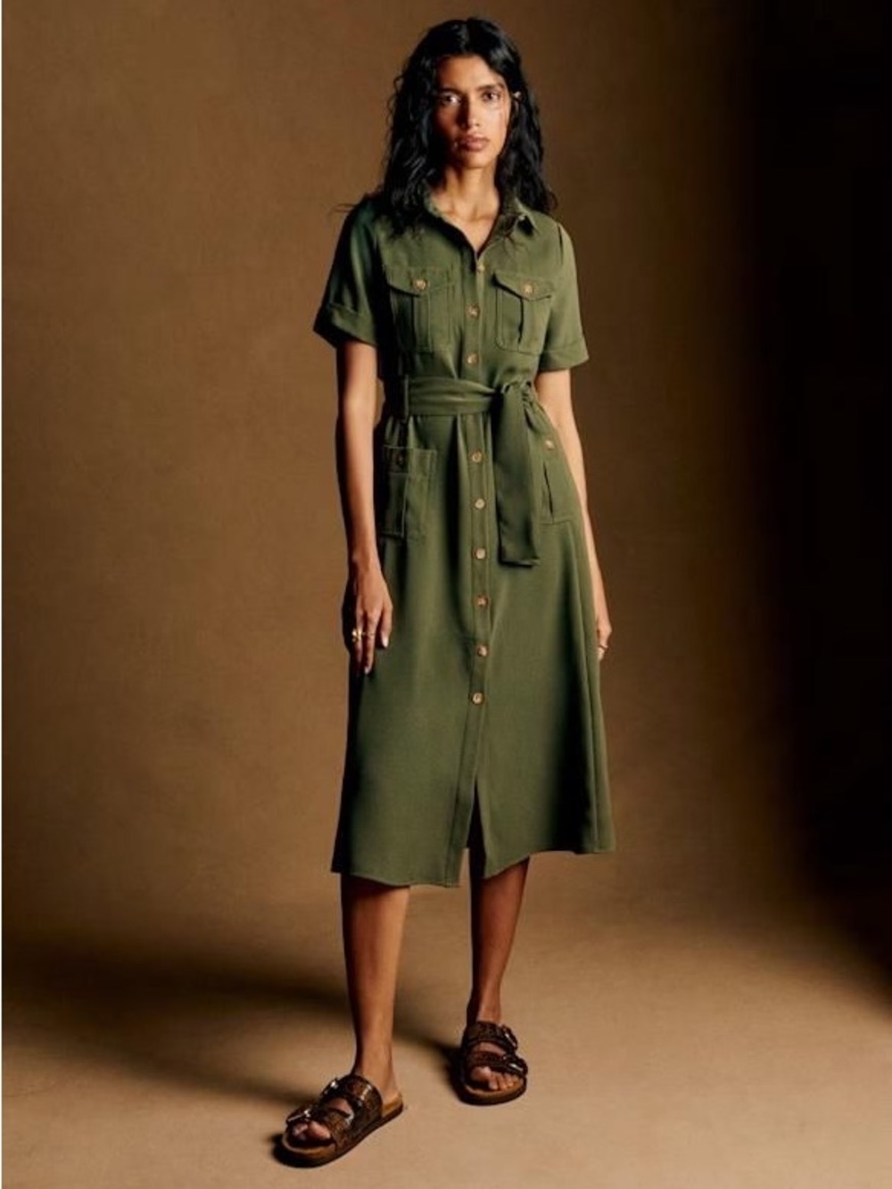 EUC Sezane Olive Green Button-Front Midi Shirt Dress with Belt